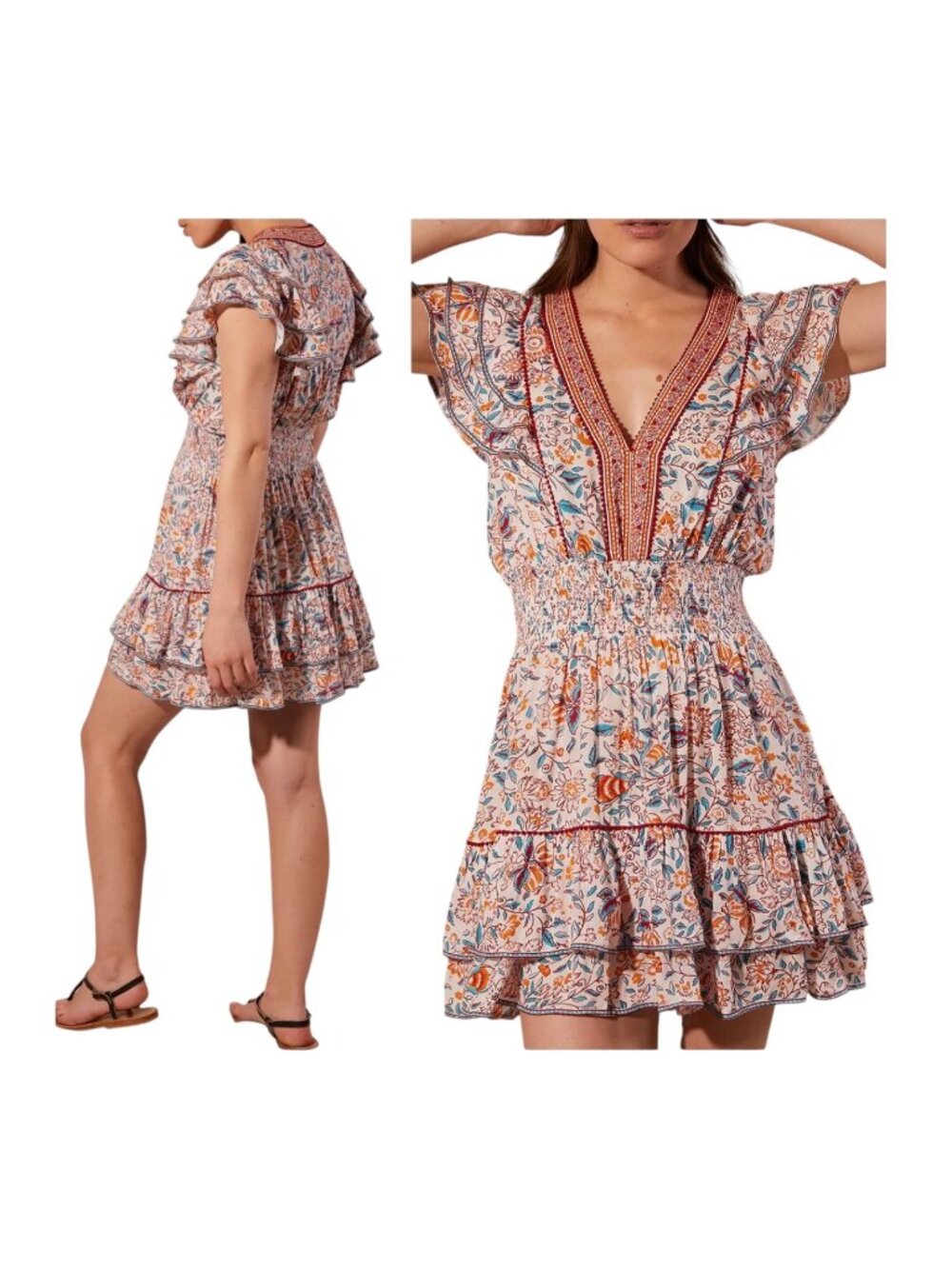 NWT Poupette St Barth Camila Ruffle Mini A-Line Dress, RED‎ MENTON, Size M